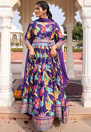 Digital Printed Chinon Silk Abaya Style Suit in Purple