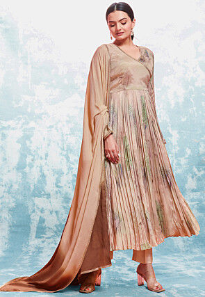 Digital Printed Chinon Silk Aline Suit in Brown and Beige