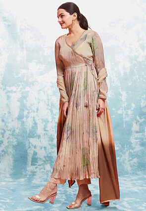 Digital Printed Chinon Silk Aline Suit in Brown and Beige