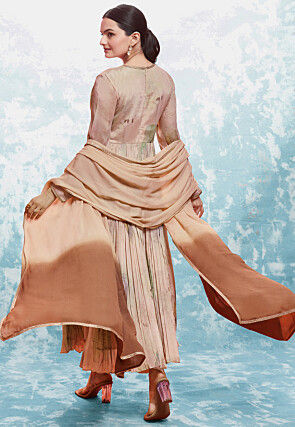 Digital Printed Chinon Silk Aline Suit in Brown and Beige