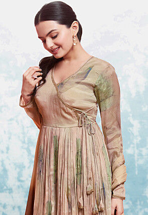 Digital Printed Chinon Silk Aline Suit in Brown and Beige