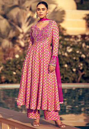 Digital Printed Chinon Silk Aline Suit in Pink