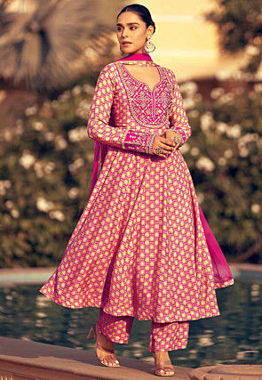 Digital Printed Chinon Silk Aline Suit in Pink