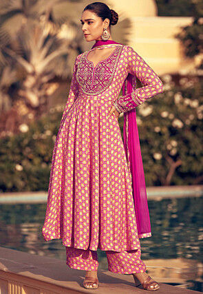 Digital Printed Chinon Silk Aline Suit in Pink