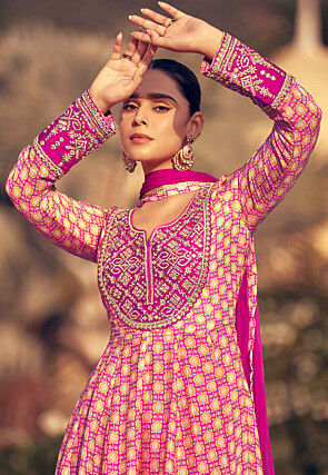 Digital Printed Chinon Silk Aline Suit in Pink