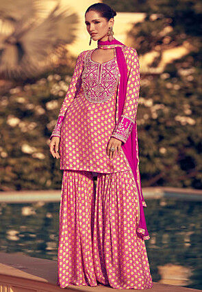 Digital Printed Chinon Silk Pakistani Suit in Pink