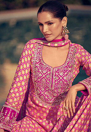 Digital Printed Chinon Silk Pakistani Suit in Pink