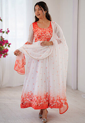 Digital Printed Chinon Silk Anarkali Suit in Off White