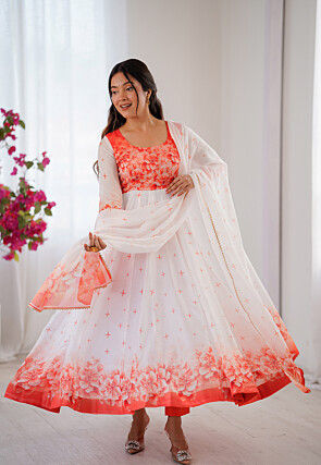 Digital Printed Chinon Silk Anarkali Suit in Off White