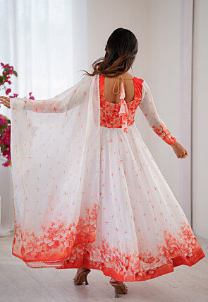 Digital Printed Chinon Silk Anarkali Suit in Off White