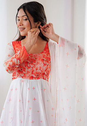 Digital Printed Chinon Silk Anarkali Suit in Off White