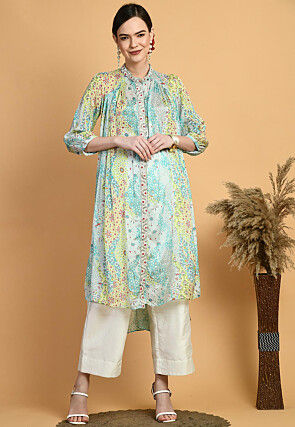 Digital Printed Chinon Silk Asymmetric Kurta Set in Sea Green