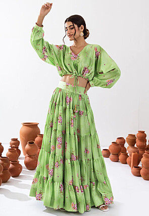 Digital Printed  Chinon Silk Co Ord Set in Light Green