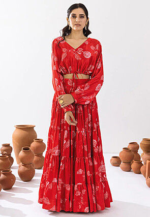 Digital Printed  Chinon Silk Co Ord Set in Red