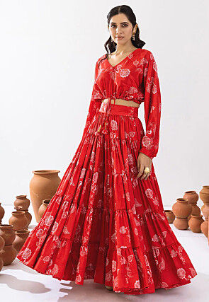 Digital Printed  Chinon Silk Co Ord Set in Red