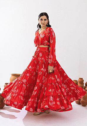 Digital Printed  Chinon Silk Co Ord Set in Red