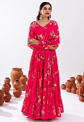 Digital Printed  Chinon Silk Co Ord Set in Red