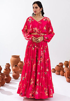 Digital Printed  Chinon Silk Co Ord Set in Red