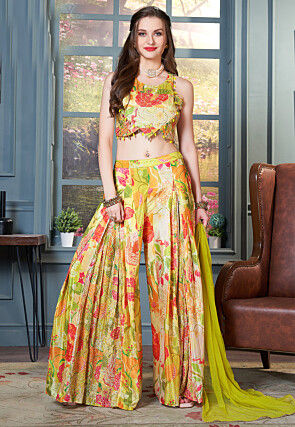Digital Printed Chinon Silk Crop Top Set in Multicolor
