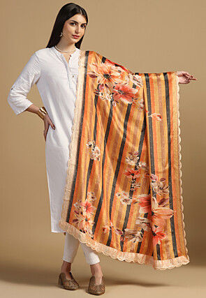 Digital Printed Chinon Silk Dupatta in Mustard