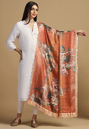 Digital Printed Chinon Silk Dupatta in Orange