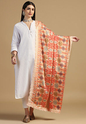 Digital Printed Chinon Silk Dupatta in Orange