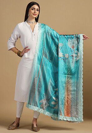 Digital Printed Chinon Silk Dupatta in Turquoise