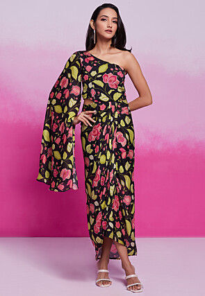 Digital Printed Chinon Silk Gown in Black