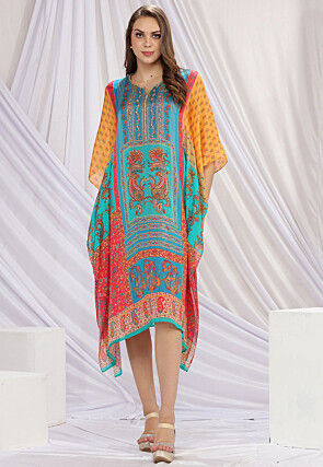 Digital Printed Chinon Silk Kaftan in Multicolor