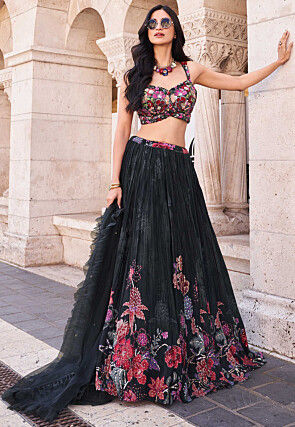 Digital Printed Chinon Silk Lehenga in Black