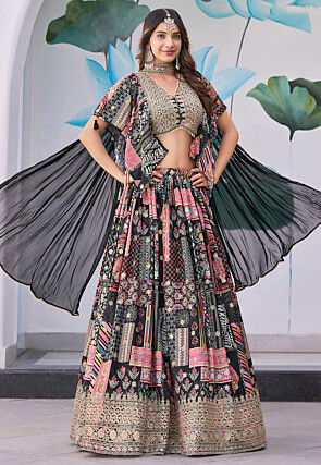 Digital Printed Chinon Silk Lehenga in Black