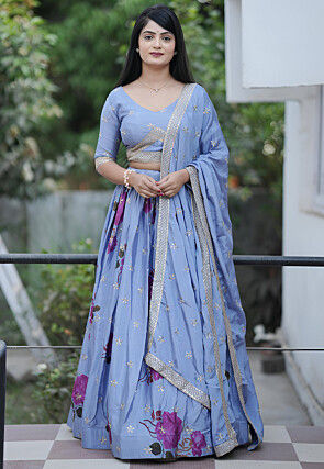 Digital Printed Chinon Silk Lehenga in Blue
