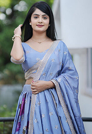 Digital Printed Chinon Silk Lehenga in Blue