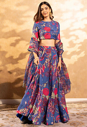 Digital Printed Chinon Silk Lehenga in Blue