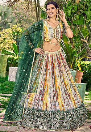 Digital Printed Chinon Silk Lehenga in Cream and Multicolor