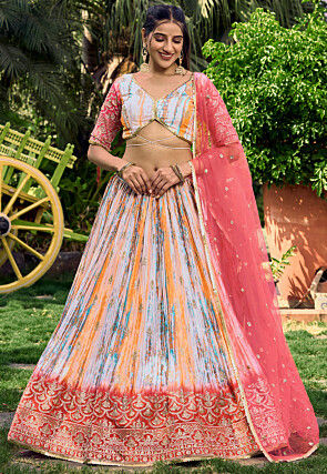 Digital Printed Chinon Silk Lehenga in Cream and Multicolor
