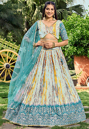 Digital Printed Chinon Silk Lehenga in Cream and Multicolor