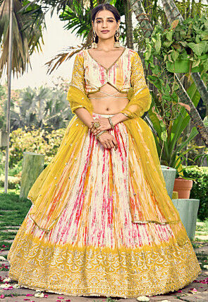 Digital Printed Chinon Silk Lehenga in Cream and Multicolor