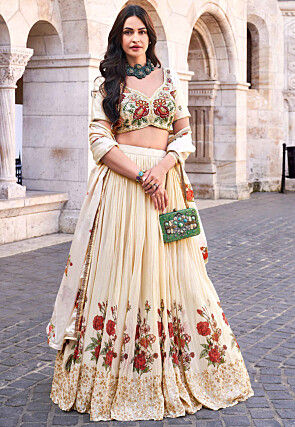 Digital Printed Chinon Silk Lehenga in Cream