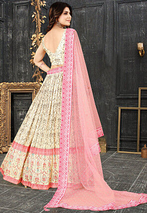 Digital Printed Chinon Silk Lehenga in Cream