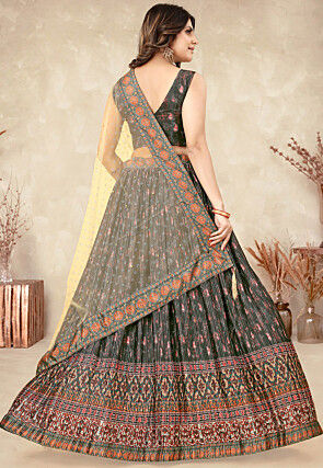 Digital Printed Chinon Silk Lehenga in Dark Grey