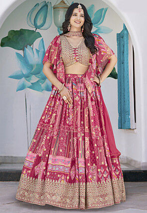 Digital Printed Chinon Silk Lehenga in Dark Pink