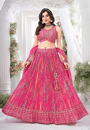 Digital Printed Chinon Silk Lehenga in Fuchsia