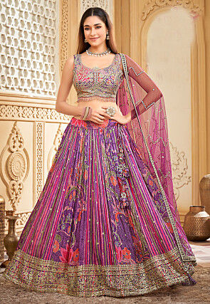 Digital Printed Chinon Silk Lehenga in Multicolor
