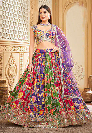 Digital Printed Chinon Silk Lehenga in Multicolor