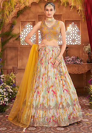 Digital Printed Chinon Silk Lehenga in Multicolor