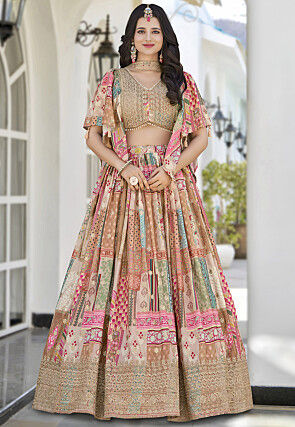 Digital Printed Chinon Silk Lehenga in Multicolor