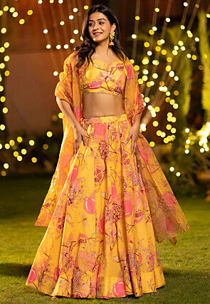 Digital Printed Chinon Silk Lehenga in Mustard