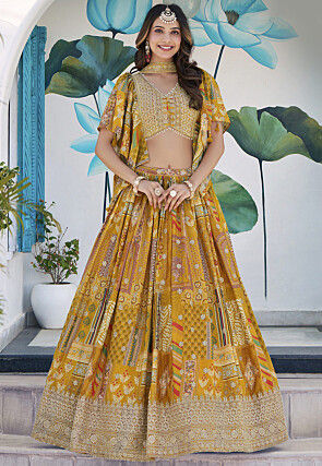 Digital Printed Chinon Silk Lehenga in Mustard