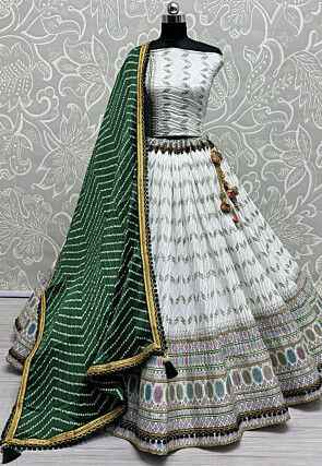 Digital Printed Chinon Silk Lehenga in Off White